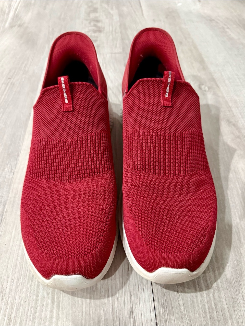 Skechers Men's Red Slip-On Knit Sneakers with White Sole Size 14